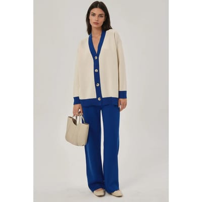 Geknoopte Cardigan & Textuur Hoog Midden Taille Gebreide Broek Co-Ord Set