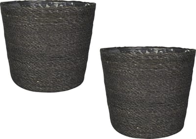Set van 2x stuks plantenpot/bloempot van jute/zeegras diameter 22 cm en hoogte 19 cm grijs - Met binnenkant van plastic