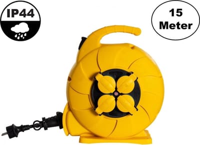 Automatische Kabelhaspel Geel 15 meter + 4x Schuko 16A 220-250VAC , Snoerdikte: 3x 1,5mm2, Max: 1000/ 3000W, IP44 (Spatwaterbestendig), incl. beveiliging