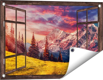 Gards Tuinposter Doorkijk Alpen Landschap met een Kleurrijke Hemel - 60x40 cm - Tuindoek - Tuindecoratie - Wanddecoratie buiten - Tuinschilderij