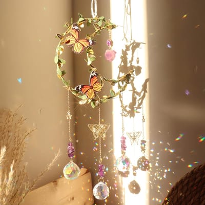 Zonnevanger- kristallen venster- groene bladeren om de maan gewikkeld- paarse kristallen hanger- decoratie- vlinder- raamdecoratie- hangend- kristallen zonnevanger- regenboog