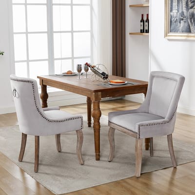 Luxe eetkamerstoel (Keukenstoel woonkamerstoel, 2 stuks), gestoffeerde stoel met nagelkopversiering, massief houten poten, bekleding van fluweel, grijs