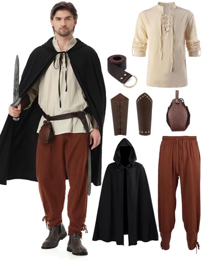 Dailygoods- Middeleeuws Kostuum 7-delig - Renaissance-kostuum - Middeleeuwse Kleding voor Heren - Klassiek Shirt - Broek/Riem - Inclusief Accessoires