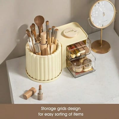 Grote Capaciteit 360° Roterende Make-up Organizer met Lade - Multifunctionele Romig Gele Cosmetische Borstelhouder, Pennenbakje Cream Yellow