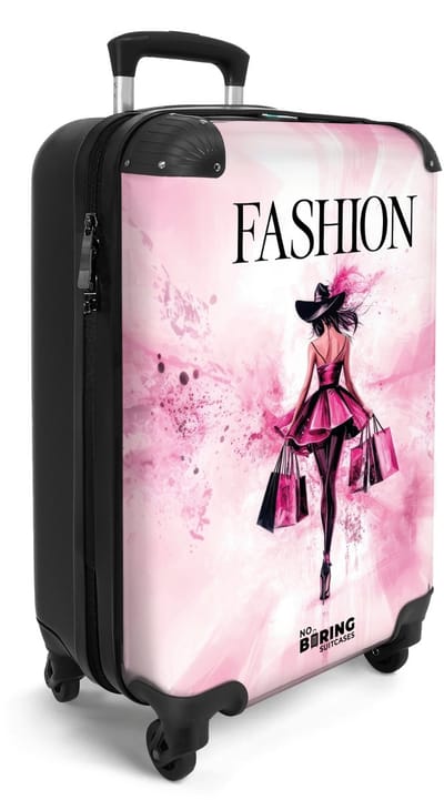 NoBoringSuitcases.com® - Handbagage koffer lichtgewicht - Reiskoffer trolley voor vrouwen - Fashion - Roze splash met modefiguur - Rolkoffer met wieltjes - Travel suitcase cabin - Reistrolley met TSA slot - Past binnen 55x40x20 en 55x35x25