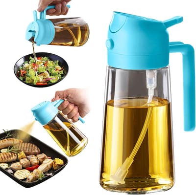 Famanu - Oliedispenser, oliefles, 2-in-1 dispenser en spray, voor olijfolie en azijn, 470 ml, BPA-vrij, voor de keuken, barbecue, salades (1 stuk, Hemelsblauw)