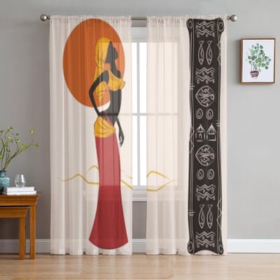 Afro-Amerikaanse Vrouw Oude Patroon Tule Doorzichtige Gordijnen voor Woonkamer Slaapkamer Keuken Decoratie Voile Organza Gordijnen 135W x 114H(cm) brown