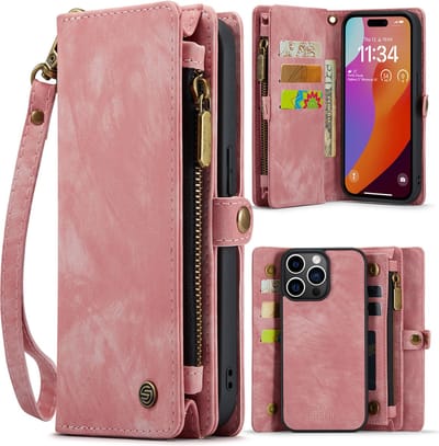 Geschikt Voor iPhone 14 Pro Hoesje - Solidenz Wallet Case 14 Pro - Telefoonhoesje 14 Pro - 14 Pro Case Met Pasjeshouder - Met Ritsvak - Met Polskoord - Portemonee Hoes - Roze