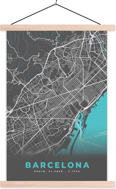 Posterhanger incl. Poster 40x60 cm - Schoolplaat - Barcelona - Blauw - Plattegrond - Kaart - Stadskaart - Textielposter - Blanke latten - Stadskaart