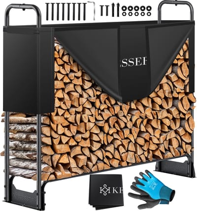 KESSER® Houtopslag voor Buiten - Metaal Houtrek 200kg Haardhout Opslag - Brandhout Rek met Stalen Frame + Afdekking & Handschoenen, Waterdichte Brandhoutrek Haardhoutrek - 130x36x117cm