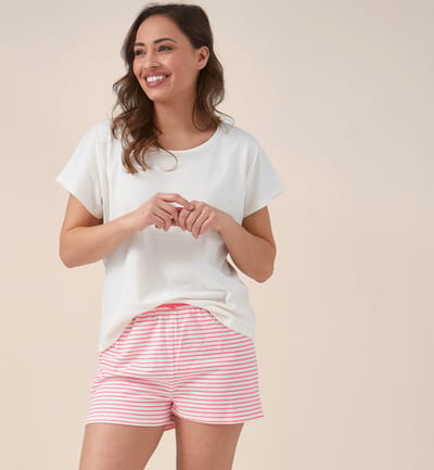 Little Label - dames pyjama kort - felroze bretonse strepen - S / 36-38 - extra zachte bio-katoen