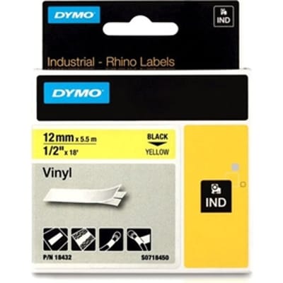 DYMO S0718450 / 18432 IND Rhino tape vinyl zwart op geel 12mm (origineel)