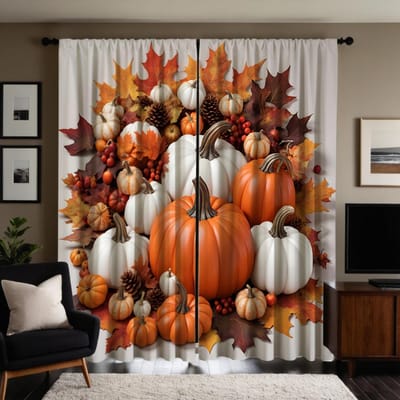 2 pièces HD Halloween simulation citrouille pomme de pin feuille d'érable rideau décoratif Jaune cravate rideau imprimé numérique décoration de la maison W52H63inchW132H160cm brown