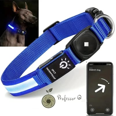 Professor Q NightGlow Reflect LED Hondenhalsband – Met AirTag Houder (Excl. AirTag) – Waterdicht – USB Oplaadbaar – Blauw - M