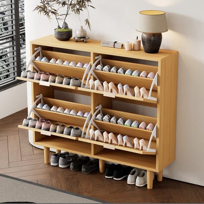 STILVORA Schoenenkast - Met 4 Kleplades En Ventilerend Rotan - Smal Model Voor Hal En Slaapkamer - Spaanplaat - Licht Eiken - 100x25x90 Cm