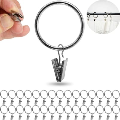 Gordijnclips met Ringen, 30 stuks, in Zilverkleur, Ø 39 mm buiten, Ø 32 mm binnen, gordijnringen voor gordijnroedes - ShopVlot
