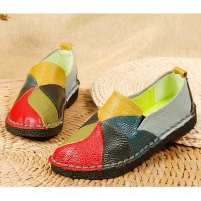 Nouvelles Chaussures pour Femmes en Cuir de Vachette Pleine Fleur Véritable Chaussures Simples pour Femmes Décontractées Colorées Chaussures Moyennes pour Mères Chaussures Grande Taille 42
