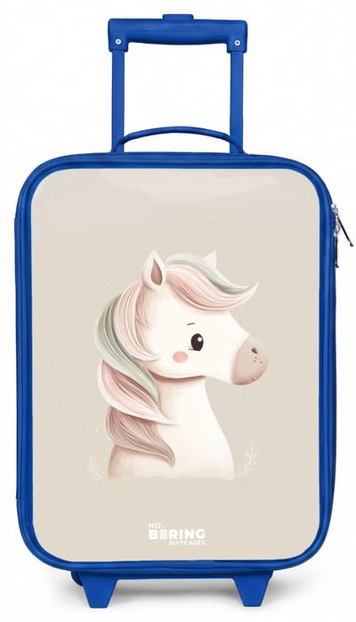 NoBoringSuitcases.com® - Kinderkoffer blauw - Kindertrolley jongen - Pony in roze pastel kleuren - Koffer kind lichtgewicht - Reiskoffer trolley voor kinderen - Koffertje met lichtgevende wieltjes - Rolkoffer