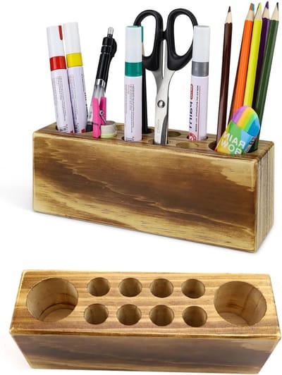 Natuurlijke Houten Vierkante Pennenhouder met Ronde Hoeken voor Kinderen, School en Kantoorgebruik
