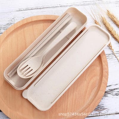 Ensemble de couverts écologique en paille de blé Kit d'ustensiles portable avec boîte de rangement Cadeau Ustensiles de pique-nique Zéro déchet Vaisselle de voyage beige