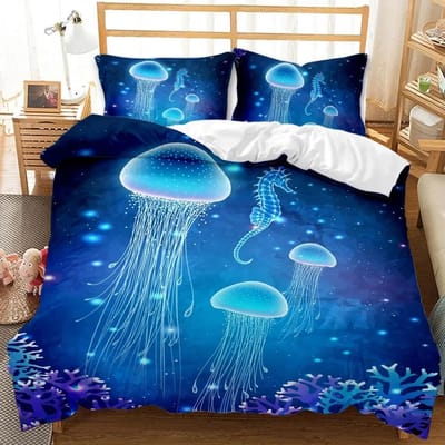 Ensemble de literie Méduse 3D 3 pièces Taille Queen Housse de couette imprimée Méduse Housse de couette en polyester doux pour Adulte Adolescent Enfant Garçon 70x133cm 2pcs