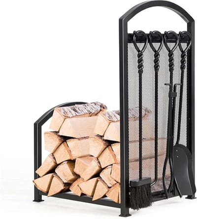Brandhoutrek met Gereedschap - Houthouder Haard - Haardhout Opslag - Inclusief 5-delig Haardset - 17''L x 15.5''B x 27.5''H - Zwart