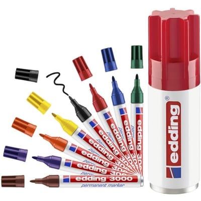 edding 3000 permanent marker - 8 kleuren - 8 stiften in blik - ronde punt 1,5-3 mm - water en wrijfvast - voor karton, kunststof, hout, metaal, etc. - alcohol markers voor volwassenen