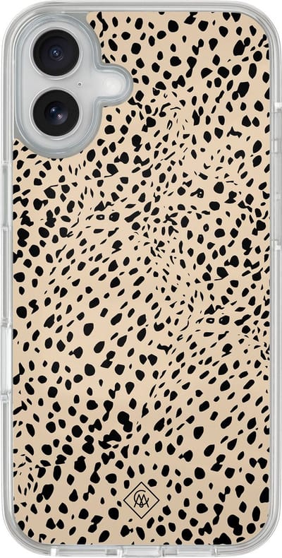 Casimoda® hoesje - Geschikt voor iPhone 16 - Stippen bruin abstract - 2-in-1 case - Schokbestendig - Gestipt - Verhoogde randen - Bruin/beige, Transparant