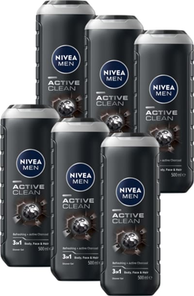 NIVEA MEN Active Clean Douchegel Mannen - 3-in-1 Shower Gel Met natuurlijk actief houtskool - Shampoo - Voordeelverpakking - 6 x 500 ml