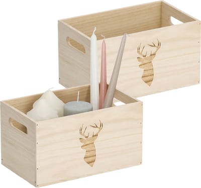 Zeller Opberg box/kist - 2x - naturel - hout - gestempeld hertenmotief - 25 x 15 x 14 cm - speelgoed opbergen
