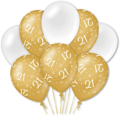 Q2P - 21 Jaar Ballon - Verjaardag Versiering - Wit & Goud - Helium Ballonnen - Feest Decoratie - 8 Stuks