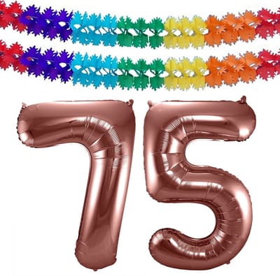 Folat Verjaardag Leeftijd folieballon - 75 jaar - rosé goud - 86 cm - cijferballon groot - incl 2x feestslingers