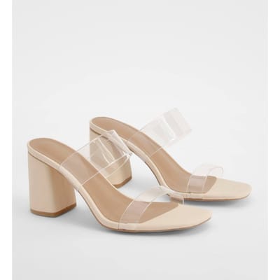 boohoo Dames Wide Fit Transparante Dubbele Band Sandalen met Blokhak | Nude | Maat: 39