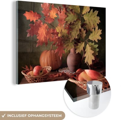 MuchoWow® Glasschilderij 120x80 cm - Schilderij acrylglas - Stilleven - Pompoen - Bladeren - Appel - Kersen - Herfst - Foto op glas - Muurdecoratie woonkamer - Wanddecoratie slaapkamer - Schilderijen