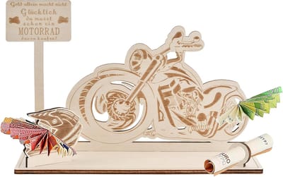 Houten Geldkist - Uniek Cadeau - Feestelijke Geschenk - Motorfiets Vorm - 25x10x16.7cm - Geel