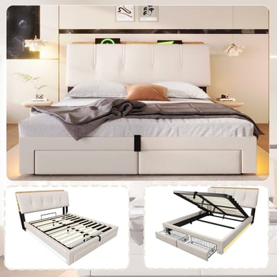 OKWISH Gestoffeerd Bed 140x200 cm - Met USB En USB C Oplaadpunt - Hydraulische Opbergruimte En Lades - Zonder Matras - Linnen - Beige
