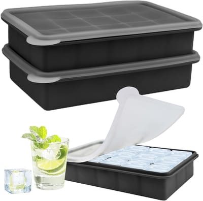 Set van 2 Zwarte Siliconen IJsblokjesvormen met Deksel - 15 Compartimenten voor Cocktails, IJsdranken en Koelblokjes - Flexibel en Duurzaam Gebruik