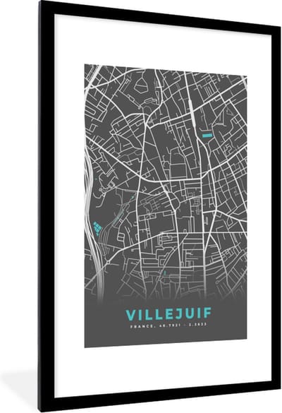 Fotolijst incl. Poster - Frankrijk – Plattegrond – Kaart – Villejuif – Stadskaart - 80x120 cm - Posterlijst