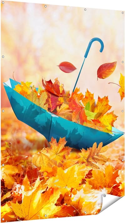 Gards Tuinposter Blauwe Paraplu in de Herfstbos met Bladeren - 120x180 cm - Tuindoek - Tuindecoratie - Wanddecoratie buiten - Tuinschilderij