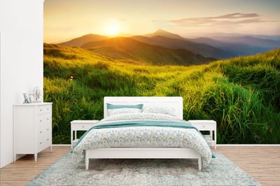 Behang - Fotobehang Gras - Heuvels - Zon - Natuur - Landschap - Breedte 400 cm x hoogte 240 cm