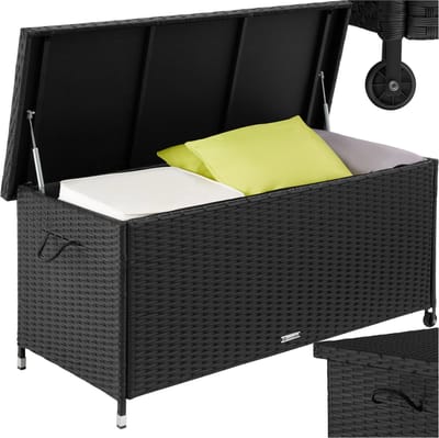 tectake® Wicker opbergbox - Outdoor kussenbox - Uitneembare binnenzak en cijferslot - Weerbestendig en afsluitbaar met deksel - Verrijdbaar - Inclusief 2 handgrepen, 2 wielen en gasveren - Inhoud 270 l - Afmeting (LxBxH) 121 x 56 x 60 cm - Zwart