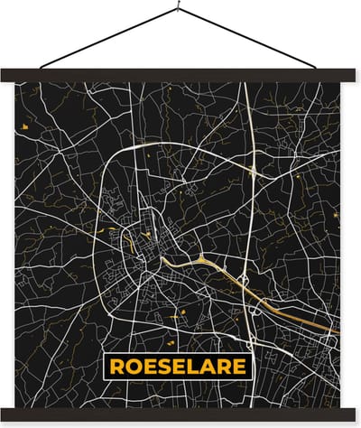 Posterhanger incl. Poster 60x60 cm - Schoolplaat - Roeselare - Stadskaart - Plattegrond - Goud - Kaart - Textielposter - Zwarte latten - Stadskaart