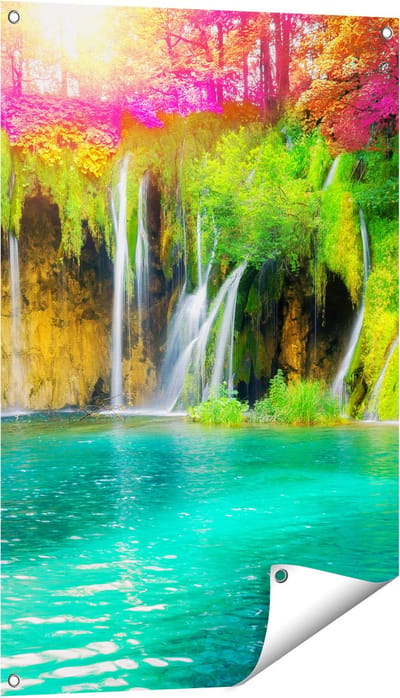 Gards Tuinposter Waterval met Roze en Groene Bloemen - 60x90 cm - Tuindoek - Tuindecoratie - Wanddecoratie buiten - Tuinschilderij