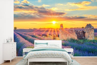 Behang - Fotobehang Lavendel - Zonsondergang - Ruïne - Paars - Breedte 420 cm x hoogte 280 cm