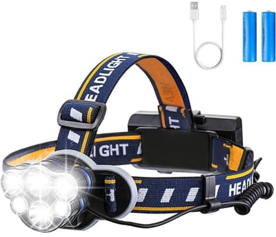 EXCITAT LED-hoofdlamp - LED-zaklamp - Superheldere hoofdlamp - Oplaadbaar - Met 6 LED's - 1200LM - 8 verlichtingsstanden - Met USB-kabel en 2 batterijen - Geschikt voor kamperen en hardlopen in de buitenlucht