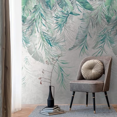 Fotobehang Profhome 398191-GU vliesbehang hardvinyl warmdruk in reliëf glad in jungle stijl mat grijs groen blauw 1,59 m x 2,8 m