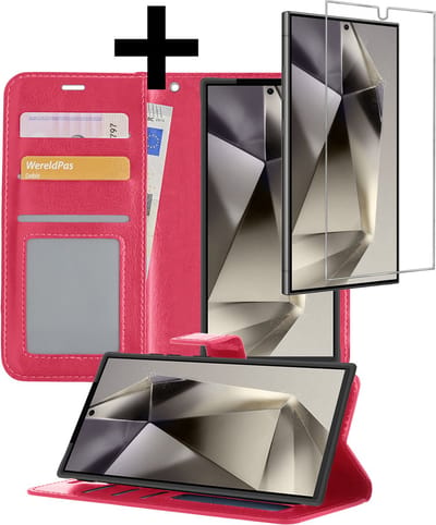 Hoesje - Met Screenprotector - Geschikt voor Samsung Galaxy S24 Ultra - Luxe Pasjeshouder - Bookcase Portemonee - Flip Case - Kunstleer Book Case - Flipcase - Book Cover - Walletcase - Portemonneehoes - Telefoonhoesjes - Donkerroze