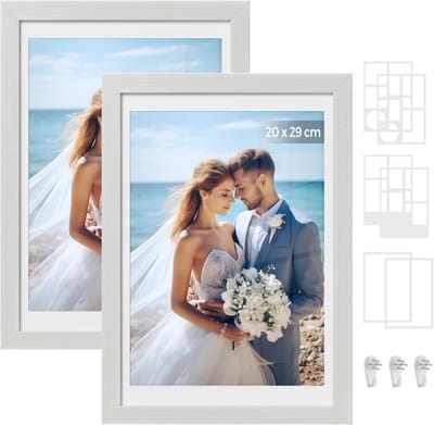 SONGMICS - 2x Fotolijst - collage voor foto's - A4 10,2 x 15,2 cm 10,2 x 10,2 cm - railvrije wandhaken - maat lijst 36,5 x 26 cm - vintage wit