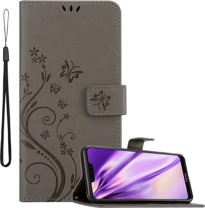 Cadorabo Hoesje geschikt voor Honor 8C in BLOEMEN GRIJS - Beschermhoes in bloemmotief met magnetische sluiting, standfunctie en kaartsleuven Book Case Cover Etui