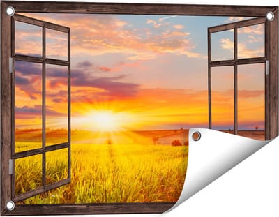 Gards Tuinposter Doorkijk Zonsopgang op het Maïsveld - 60x40 cm - Tuindoek - Tuindecoratie - Wanddecoratie buiten - Tuinschilderij